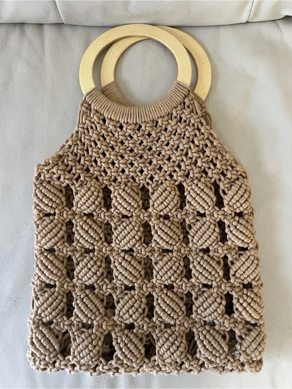 macrame tote bag with wooden handles
